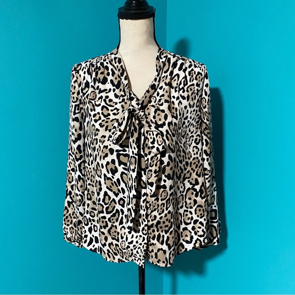 Chico’s MP Animal Print Tie Front Long Sleeve Bow Blouse Top
